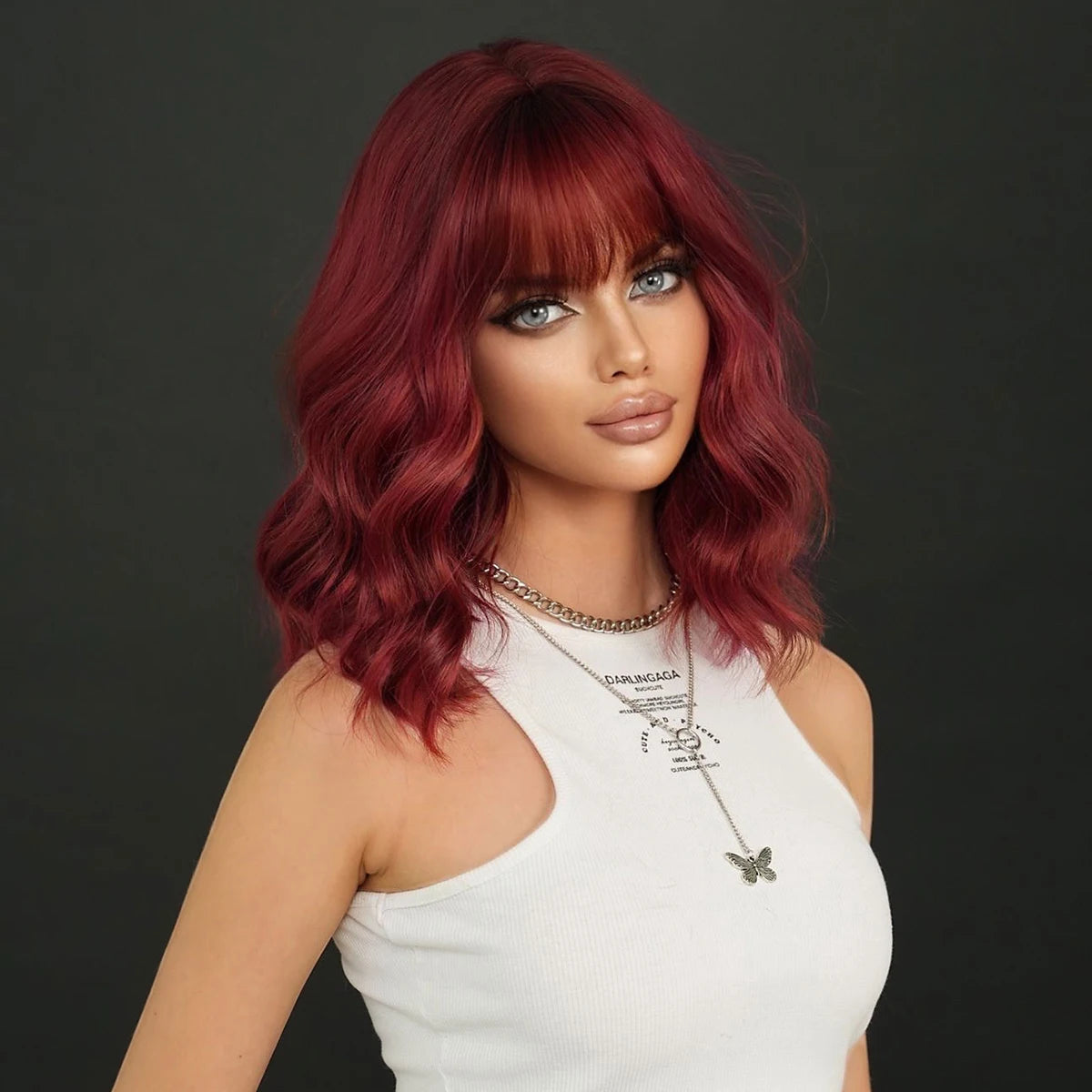 Shoulder Length Body Wavy Wine Red Wig for Women Daily High Density Synthetic Modest Fashion Wigs with Neat Bangs Heat Resistant