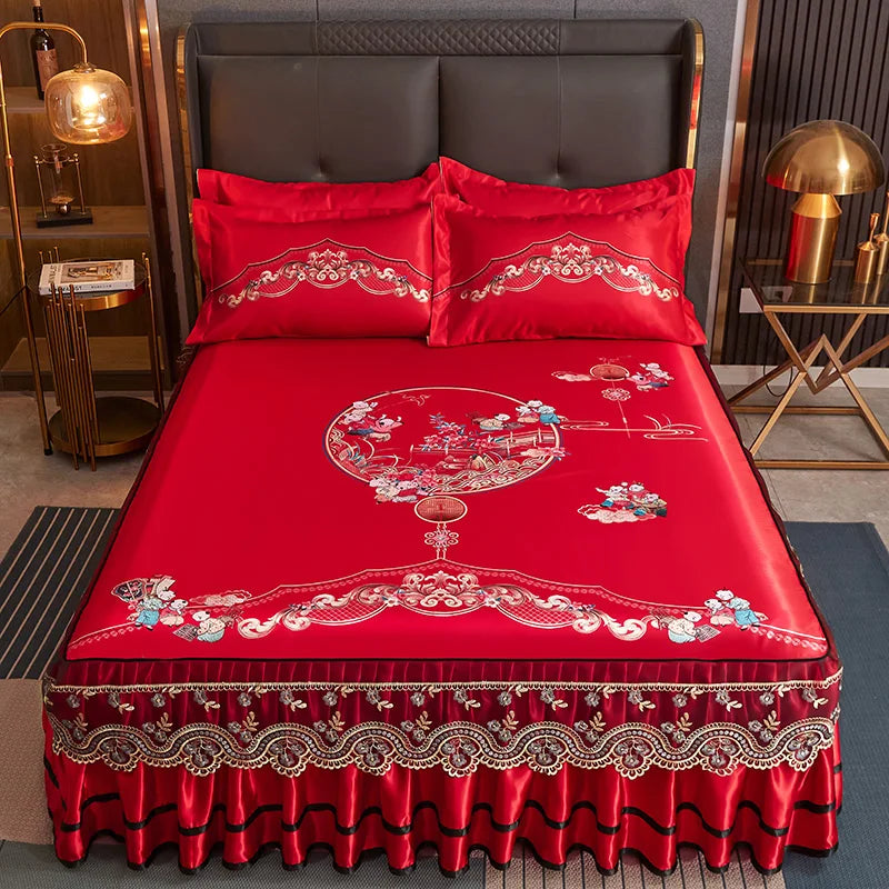 Luxury Lace Smooth Cool Summer Bedspread Thick Home Bed Skirt + Pillowcase Bed Sheets Embroidery European-style Bed Spreads