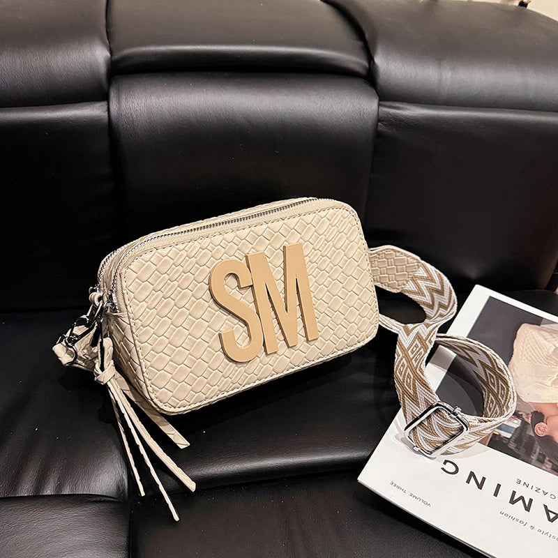 Women's Woven Crossbody Bag 3D Embellished PU Shoulder Purse with Solid Color & Tassels Roomy Zip Closure Daily Use Shoulder Bag