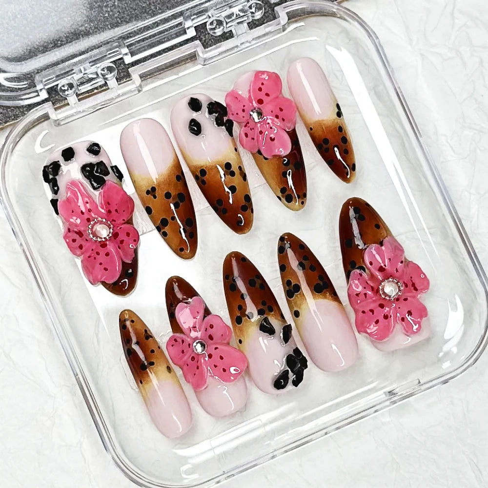 Press on Nails Medium Almond Pattern ABS Nails INS Y2K 3D Pink Flowers Style Design Nail 10Pcs Manicure Handmade Art with Set