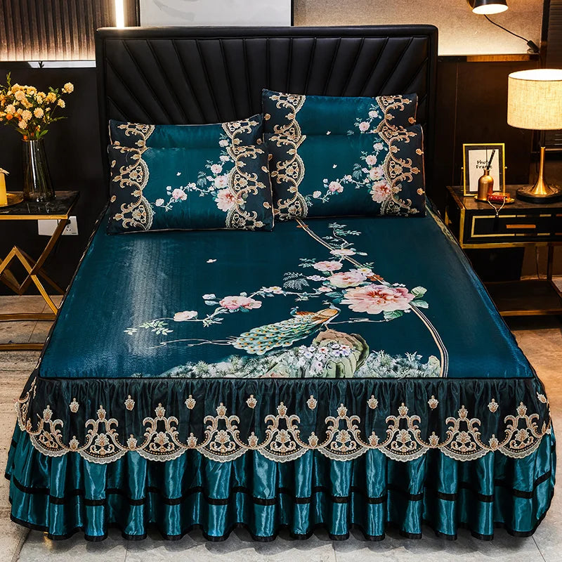 Luxury Lace Smooth Cool Summer Bedspread Thick Home Bed Skirt + Pillowcase Bed Sheets Embroidery European-style Bed Spreads