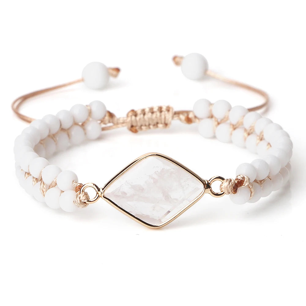 4mm Beads Natural Stone Bracelets&Bangles White Porcelain Braided Elastic Rope Handmade Adjustable For Woman Man Couple Jewelry