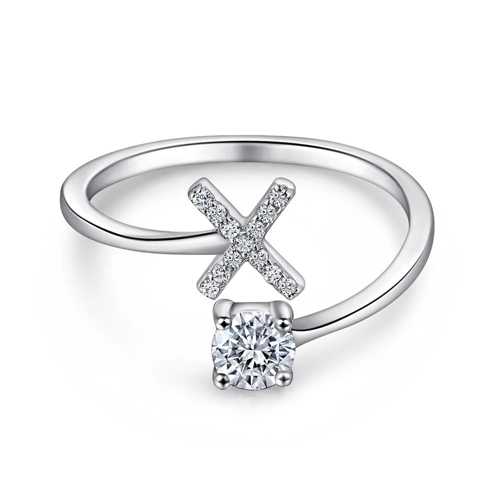 925 Sterling Silver Initial Rings for Women Girls, Adjustable Initial Rings Cubic Zirconia Stackable Alphabet Letter Rings Gift