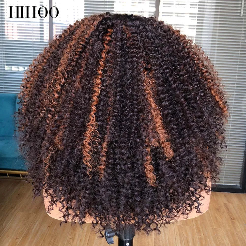 Lace Front Wigs for Women Short Bob Wig Afro Kinky Curly Wigs Ombre Brown Synthetic Middle Nature Hair Black Headgear with Clip
