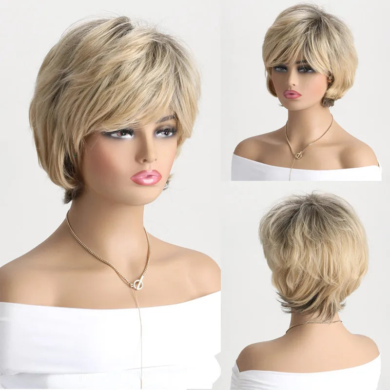 Natural Wavy Synthetic Hair Wigs For Women Pixie Cut Short Wig with Bangs Brown Blonde Wig Female Heat Resistant Wig Woman