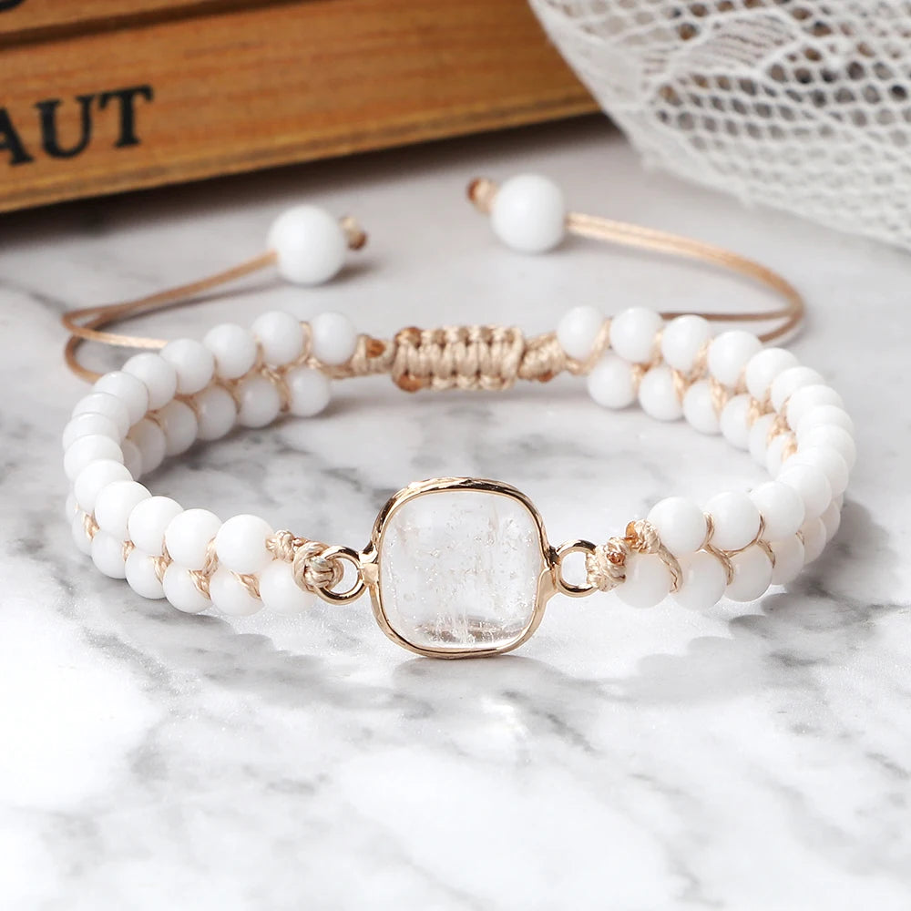 4mm Beads Natural Stone Bracelets&Bangles White Porcelain Braided Elastic Rope Handmade Adjustable For Woman Man Couple Jewelry