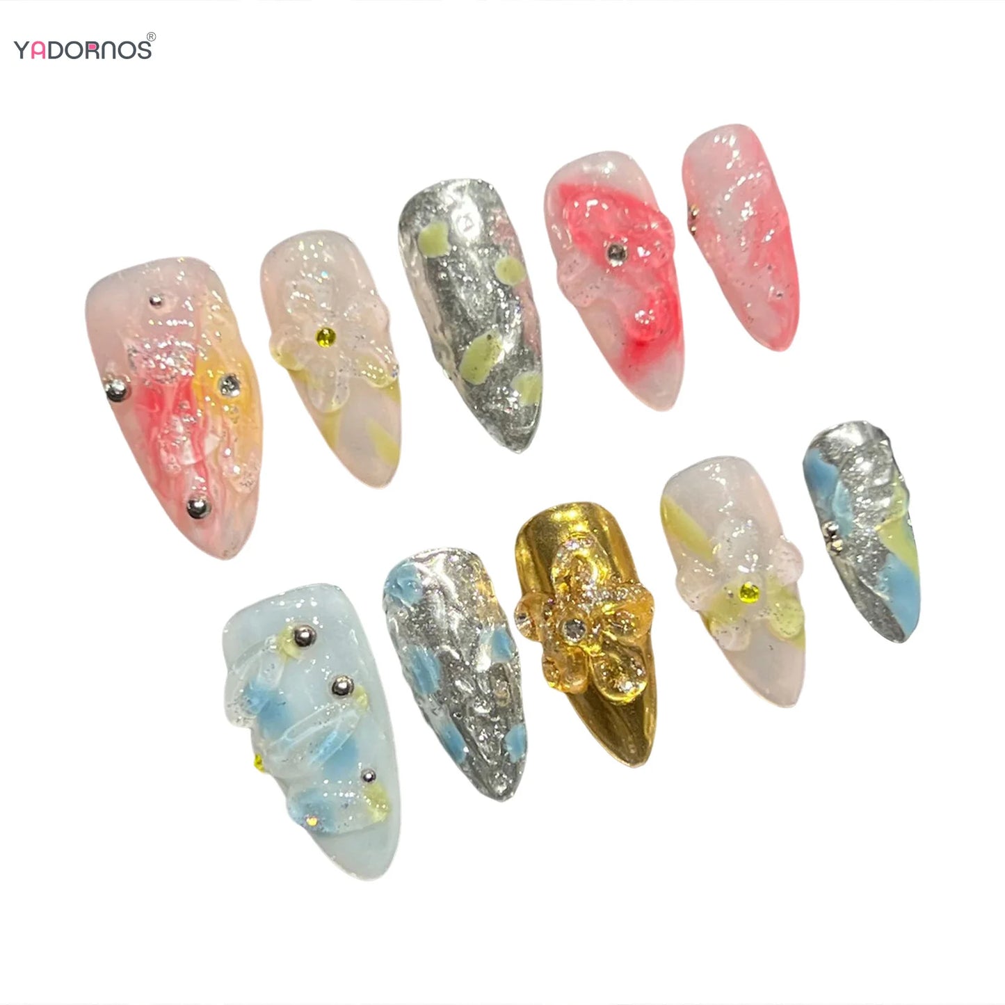 Handmade Press On Nails Light Pink Blue False Nail Tips With 3D Flower Designs Wearable Almond French Style Summer Fake Nails