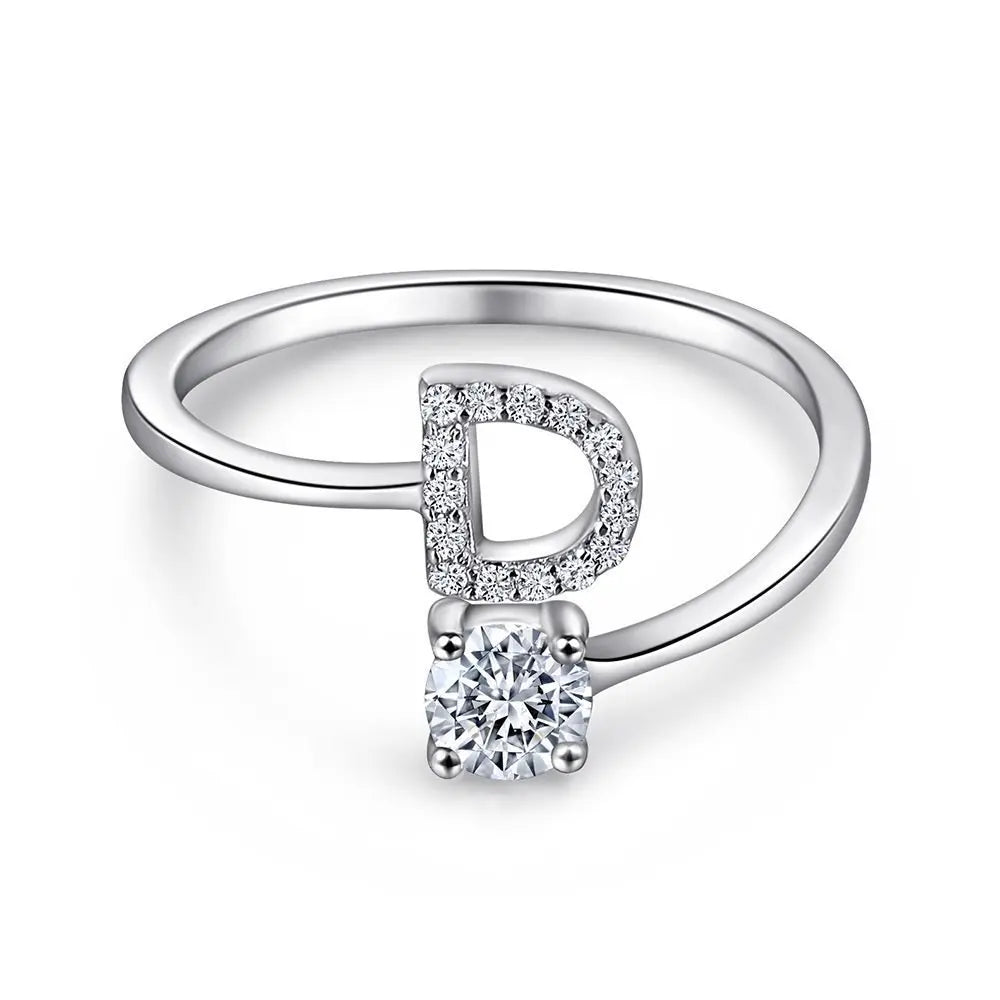 925 Sterling Silver Initial Rings for Women Girls, Adjustable Initial Rings Cubic Zirconia Stackable Alphabet Letter Rings Gift