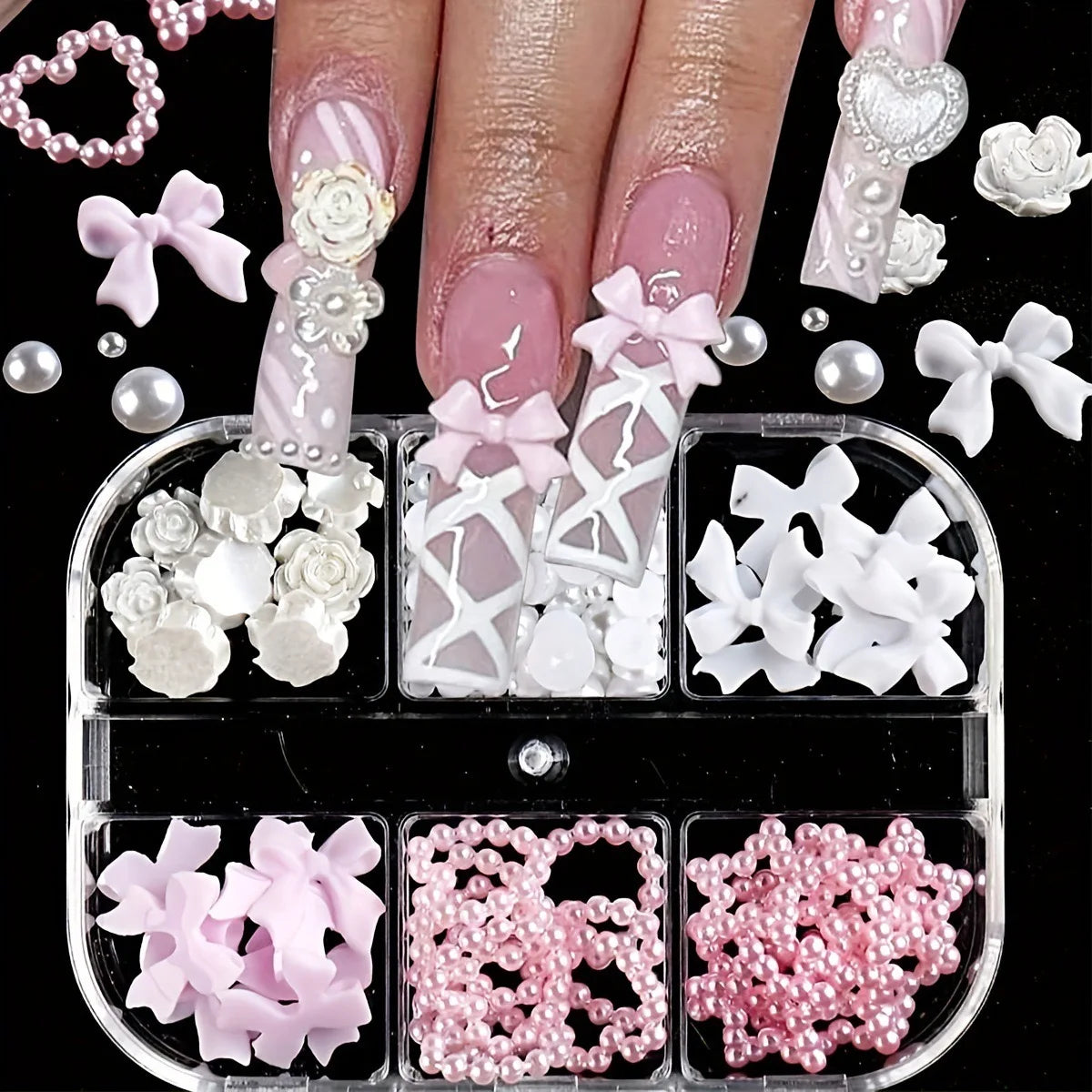 1 Box Kawaii Mini Bow 3D Cute Nail Art Decorations White Pearls Nails Charms Designs DIY Pink Bowknot Resin Nail Accessories