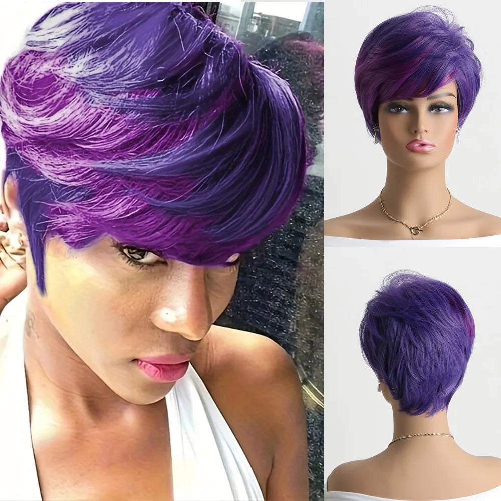Natural Wavy Synthetic Hair Wigs For Women Pixie Cut Short Wig with Bangs Brown Blonde Wig Female Heat Resistant Wig Woman