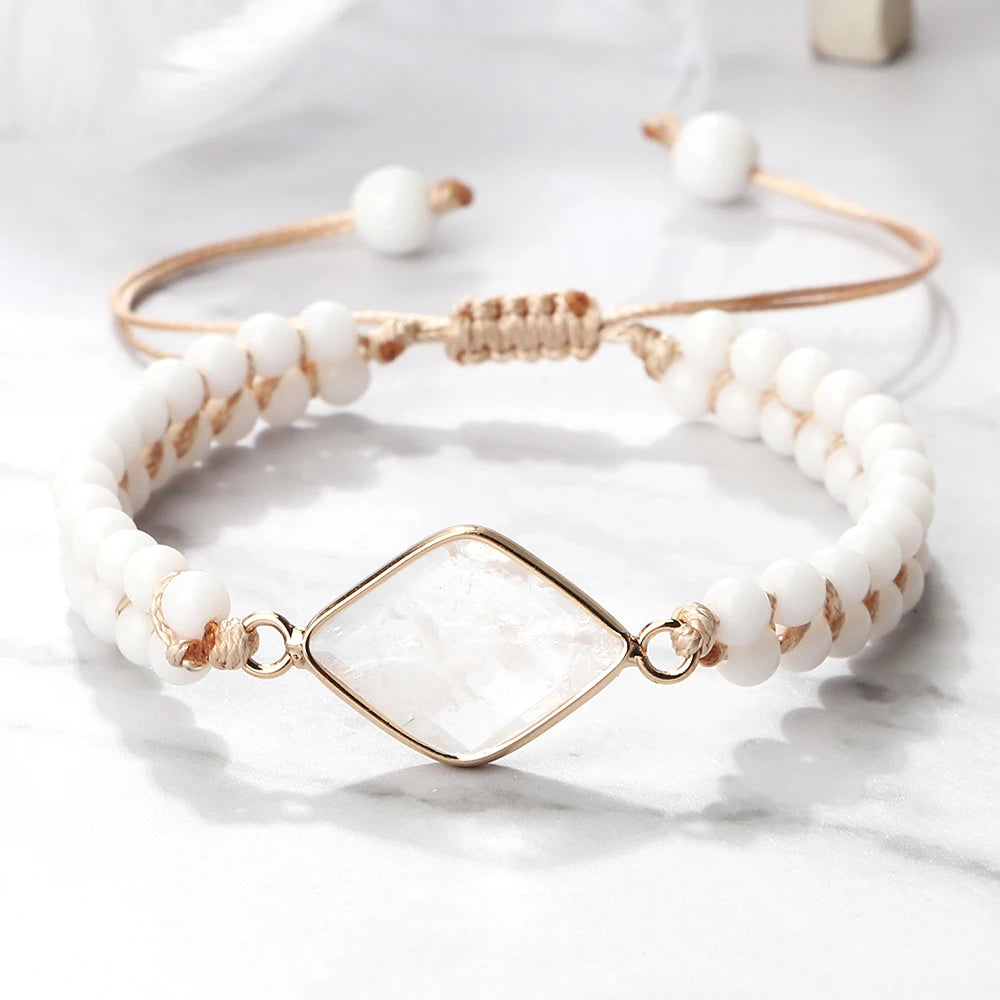 4mm Beads Natural Stone Bracelets&Bangles White Porcelain Braided Elastic Rope Handmade Adjustable For Woman Man Couple Jewelry