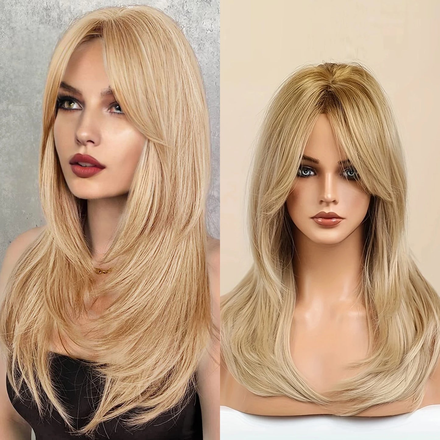 Ombre Color Blonde Wig with Bangs Long Straight Wigs for Women Synthetic Wig Dark Roots for Daily Party Cosplay