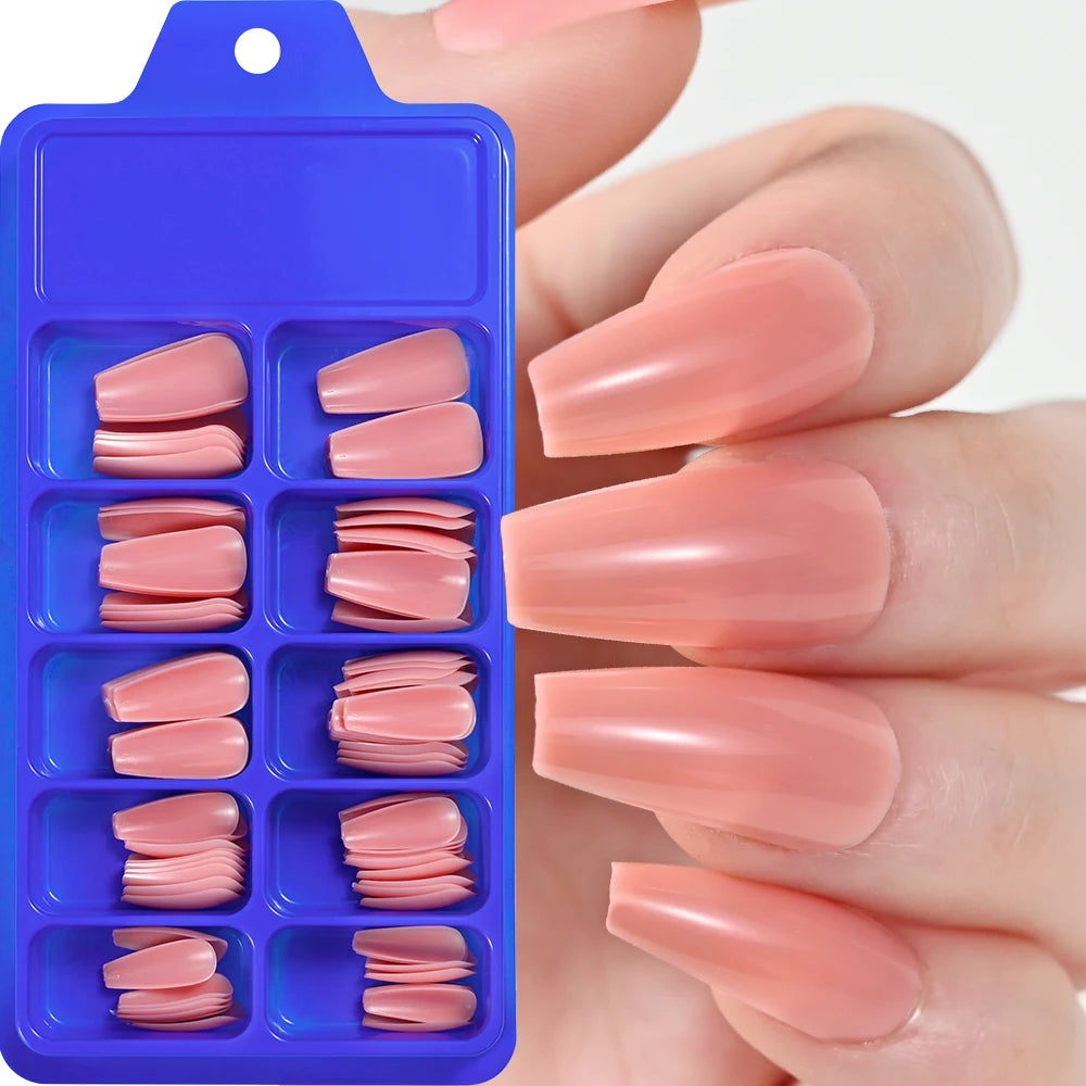 100pcs Coffin Design Fake Nails Art Tools Nude Pink Colors Ballerina False Nails Press On Full Fingernails Manicure Tips