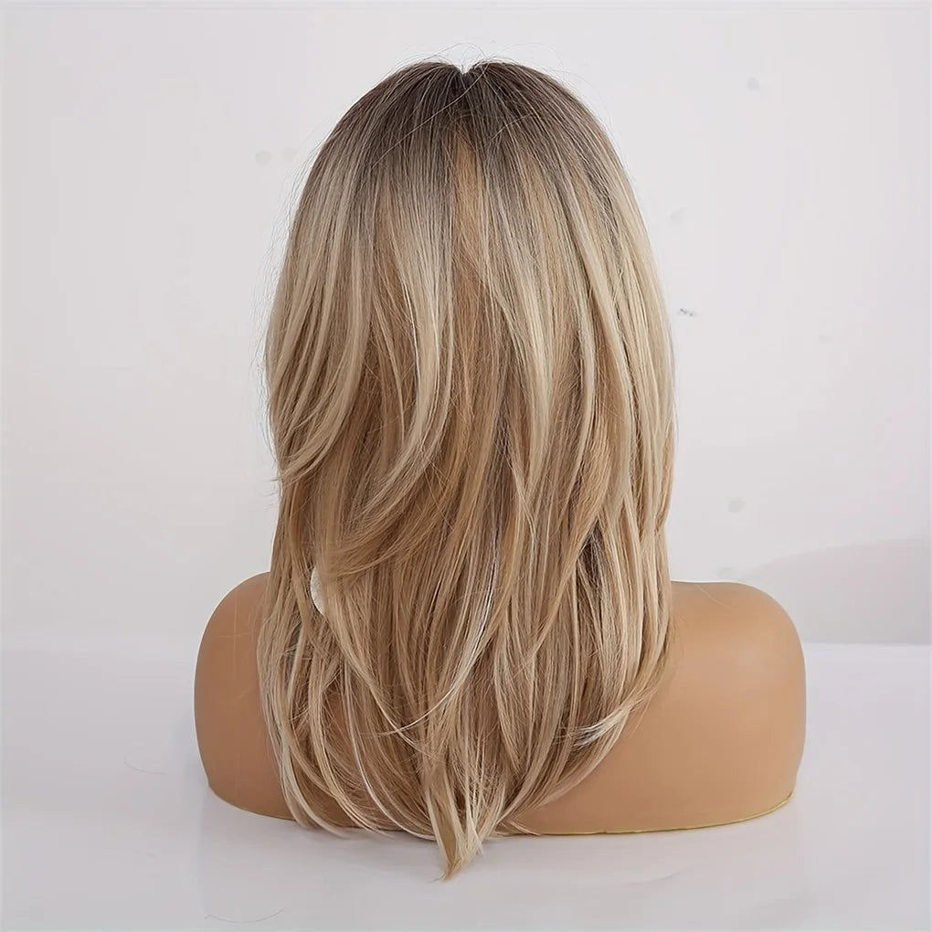 Ombre Color Blonde Wig with Bangs Long Straight Wigs for Women Synthetic Wig Dark Roots for Daily Party Cosplay