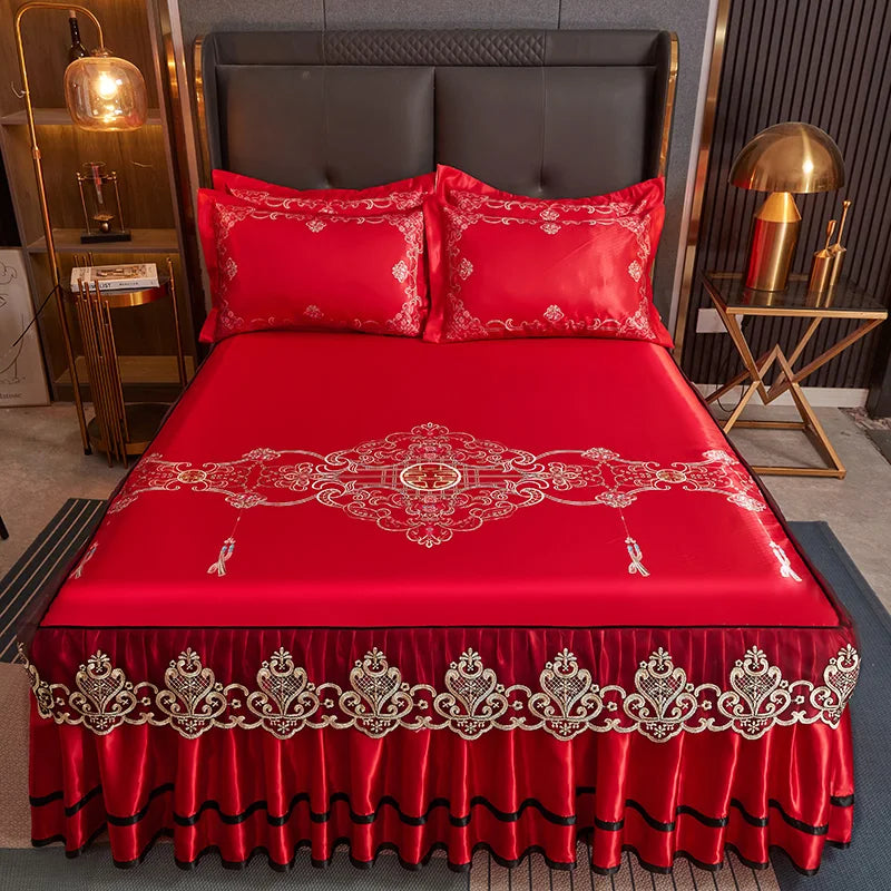 Luxury Lace Smooth Cool Summer Bedspread Thick Home Bed Skirt + Pillowcase Bed Sheets Embroidery European-style Bed Spreads