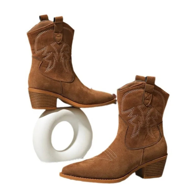 2025 New Cowboy Western Retro Women Boots Leather Handmade Comfortable Shoes for Women Spring Autumn Sexy High Boots Botas Mujer