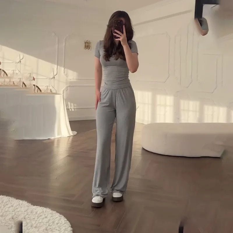 Casual Long Pants Suits Women O-neck Short Sleeve T-shirt Elastic Waist Trousers Set Spring Summer Solid Lady Household Clothes