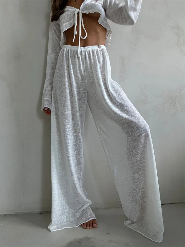 Casual Fashion 2 Piece-Set Trousers For Women V-Neck Lace-Up Long Sleeve Top And High Waist Women's Pants Outfits Female