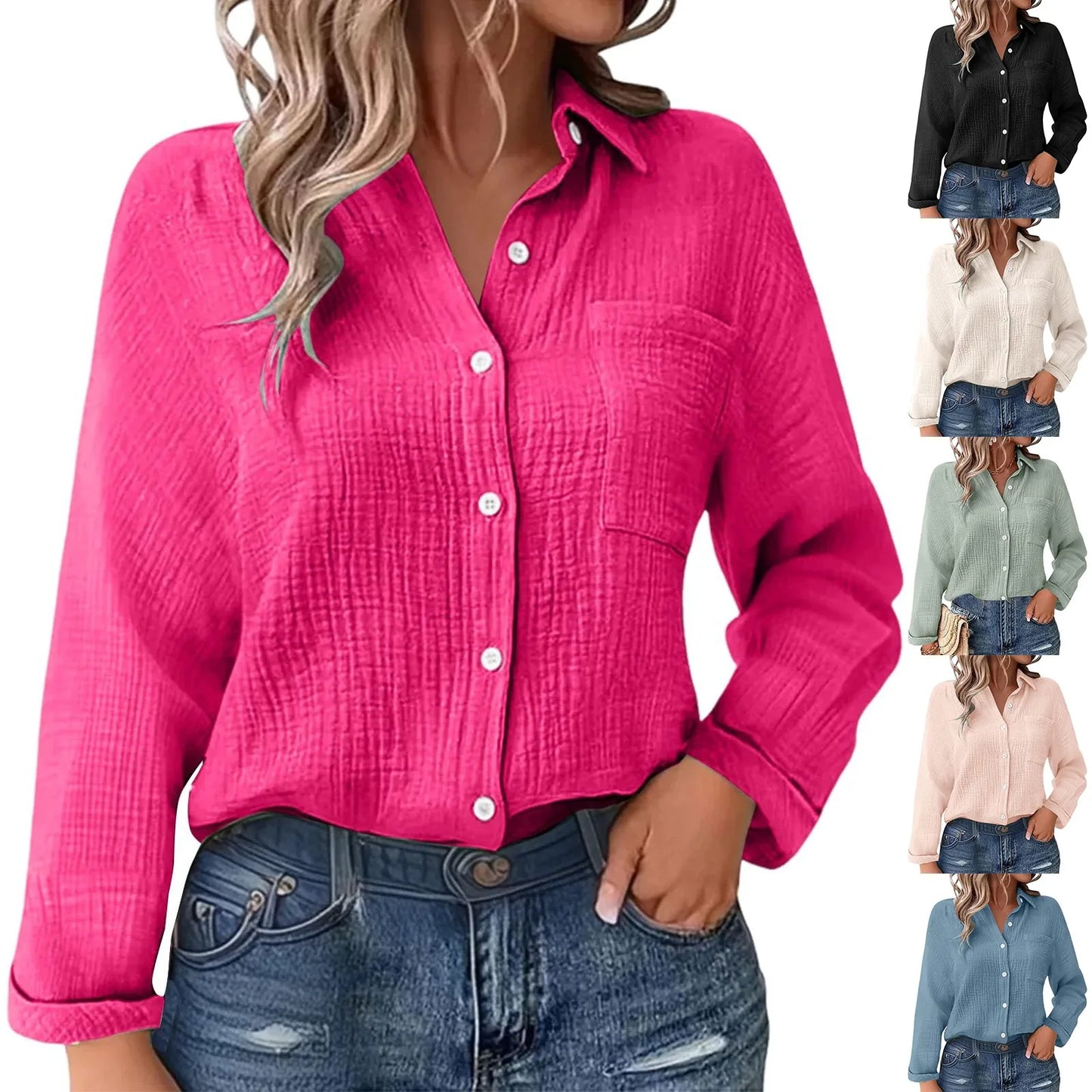 Casual Fashion Shirts For Women Autumn Long Sleeve Lapel Button Solid Color Shirt Top Casual Loose Women's Blouse
