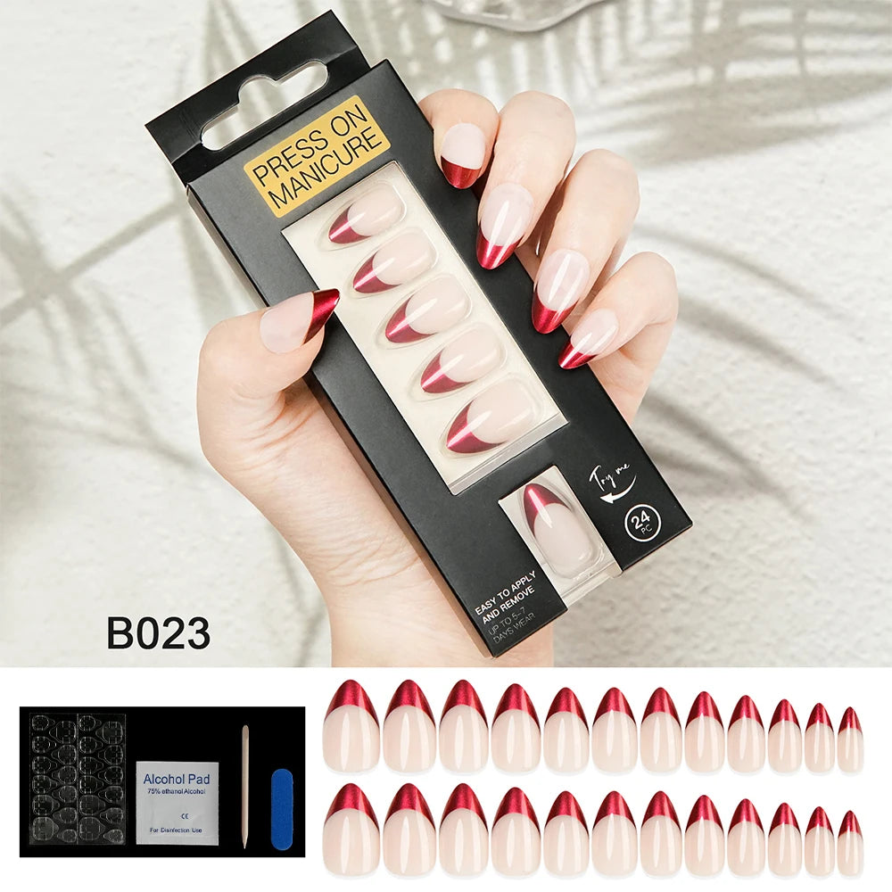 Press on Nails Almond French Design False Nails Simple Design Acrylic Nail Tips Reusable Fake Nails Decorated Nail Art