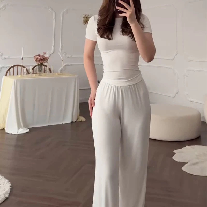Casual Long Pants Suits Women O-neck Short Sleeve T-shirt Elastic Waist Trousers Set Spring Summer Solid Lady Household Clothes