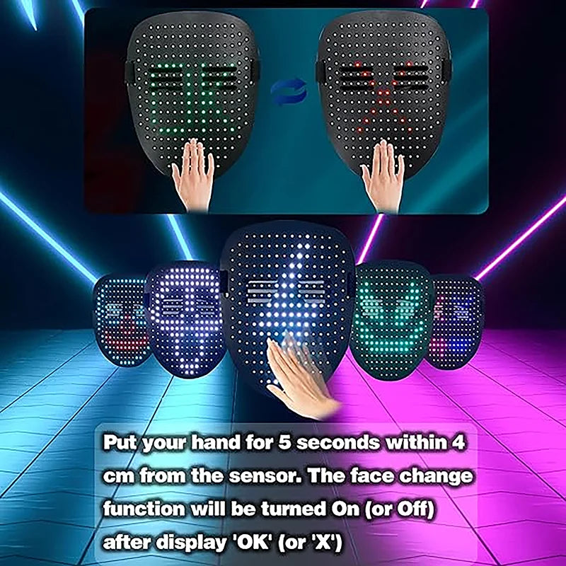 LED Mask with Gesture Sensing Face Transforming, Light Up Cool Lighted Masks For Halloween Costume Cosplay Party Masquerade