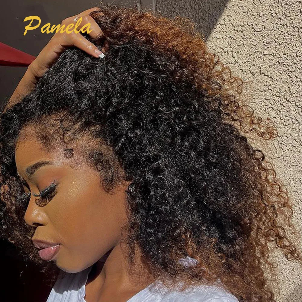 Ombre 1B/30 Colored Curly 250% Density 13x4 Water Wave HD Transparent Lace Front Kinky Edges Hairline Wig With Curly Baby Hair