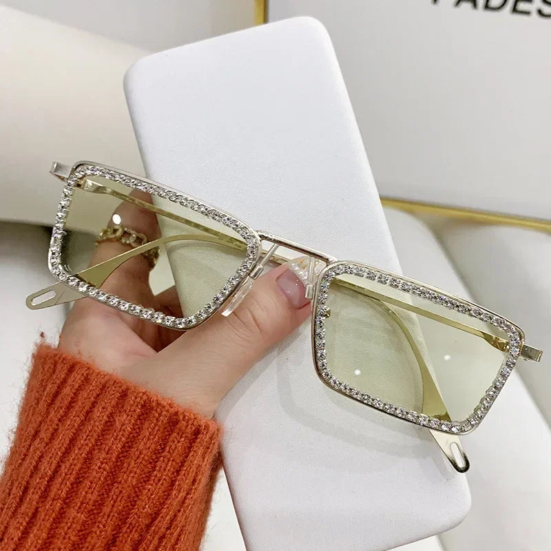 Women Glitter Crystal Thin Vintage Sunglasse Rectangle Glasse Frame Bling Rhinestone Sun Glasses for Woman Luxury Fashion UV400