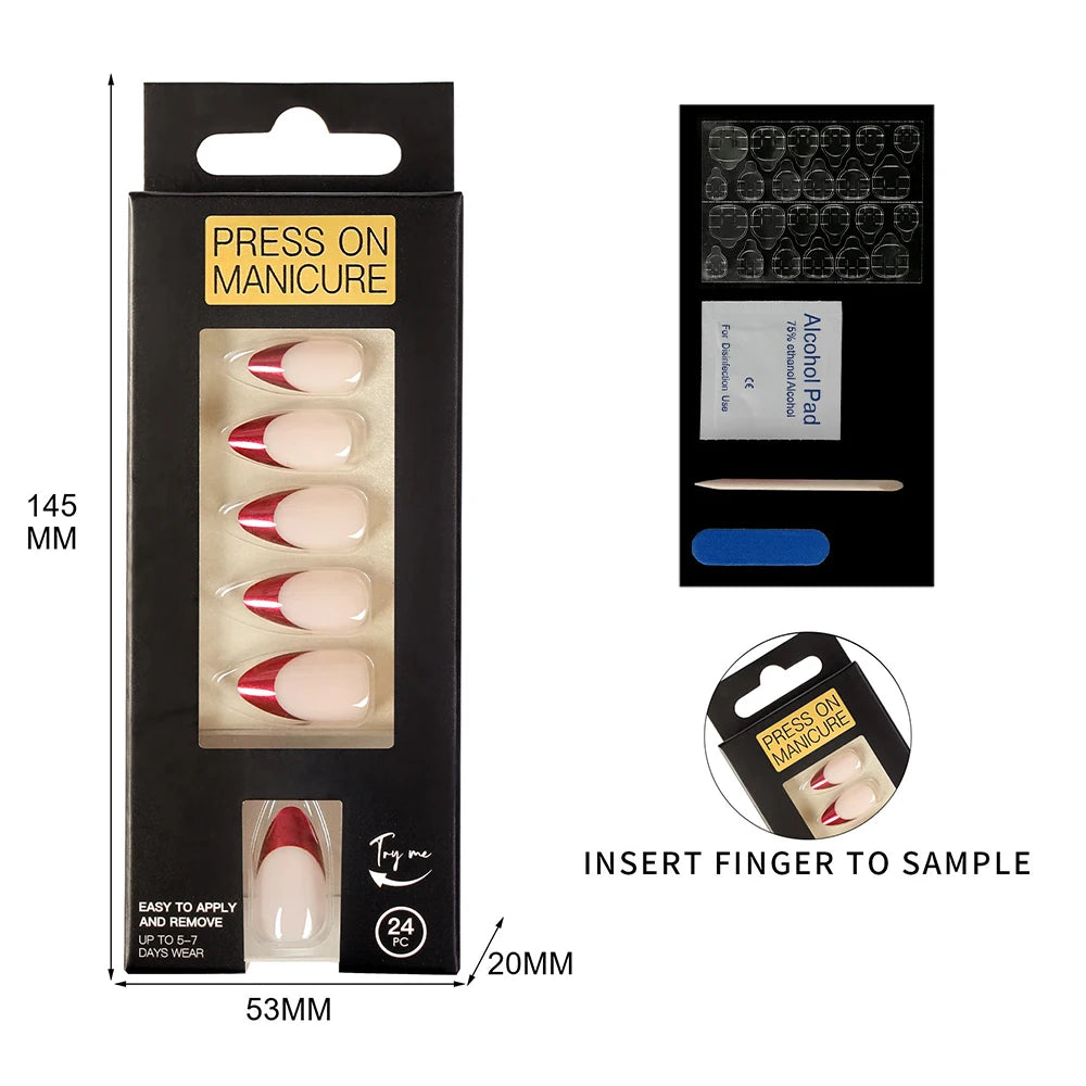 Press on Nails Almond French Design False Nails Simple Design Acrylic Nail Tips Reusable Fake Nails Decorated Nail Art
