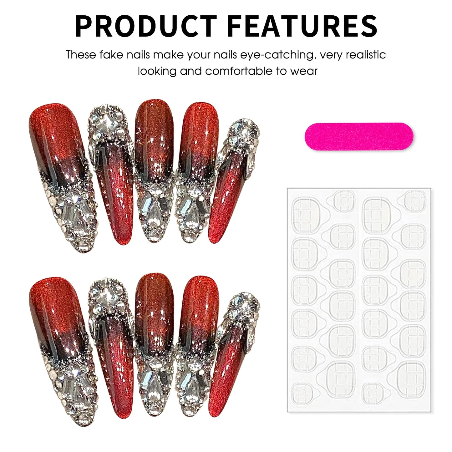Handmade Long Almond False Nails Red Glitter Designs Wearable Cat's Eye Full Diamond French Nail Tips Heavy Industry Nail Art