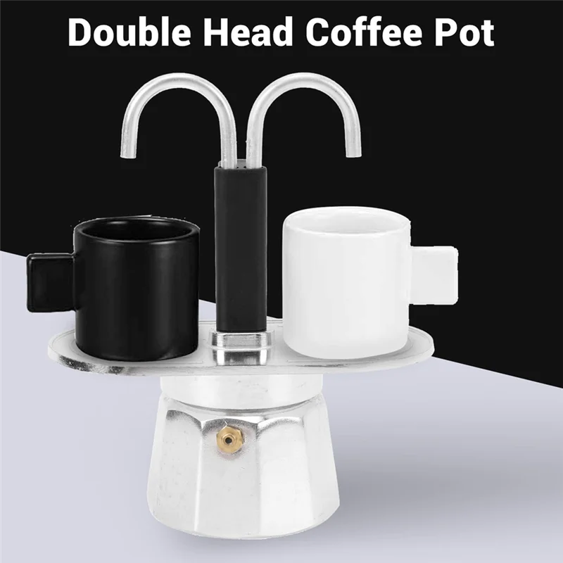 A52Z Top 2 Cup Coffee Maker, 100Ml Mini Coffee Pot Double-Head Aluminum Stovetop Espresso Maker For Home Cafe Office Use