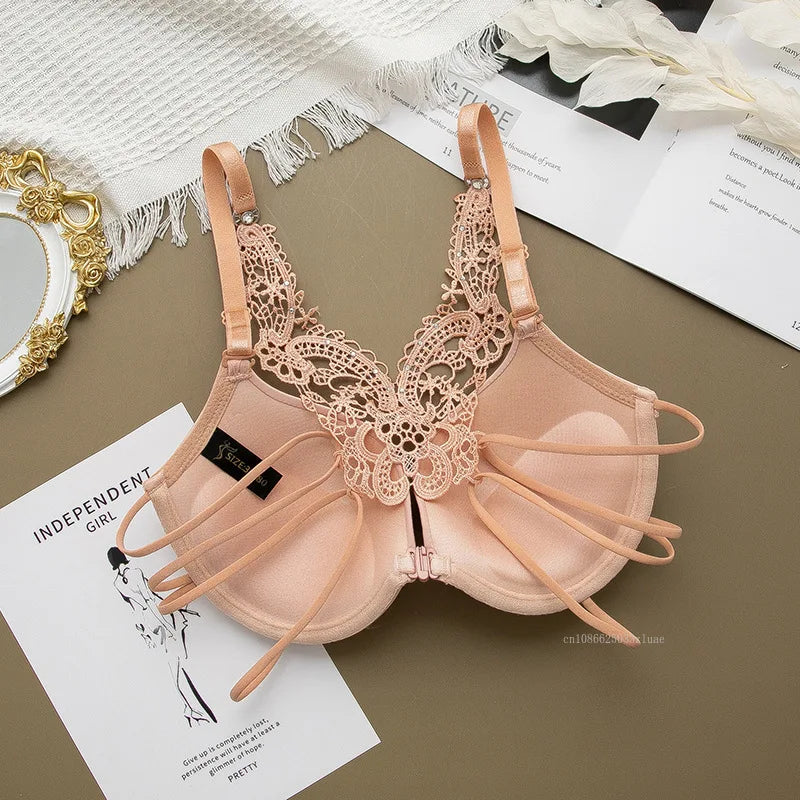 Sexy Woman Silky Underwear Comfortable Adjustable Bra Underwire Back Floral Embroidery Seamless Bra for Women Intimate Sleepwear