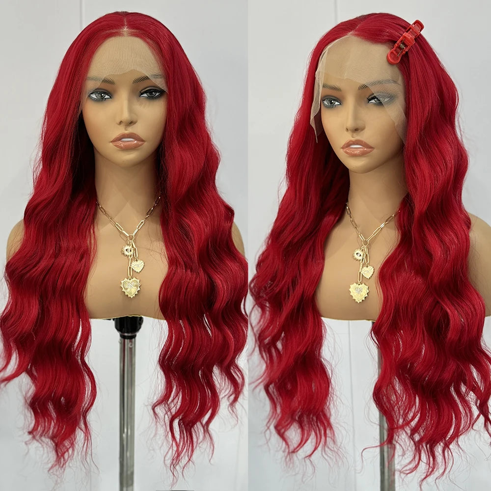 Red Wig Long Curly Wig Synthetic Lace Front Wigs for Women Natural Wave Wig Colored Hair Natural Hairline Heat Resistant Cosplay