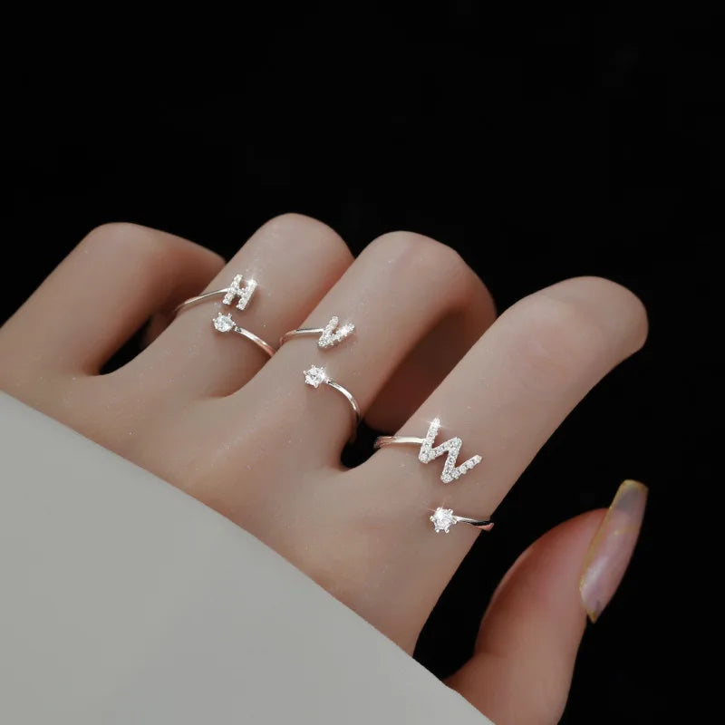 925 Sterling Silver Initial Rings for Women Girls, Adjustable Initial Rings Cubic Zirconia Stackable Alphabet Letter Rings Gift
