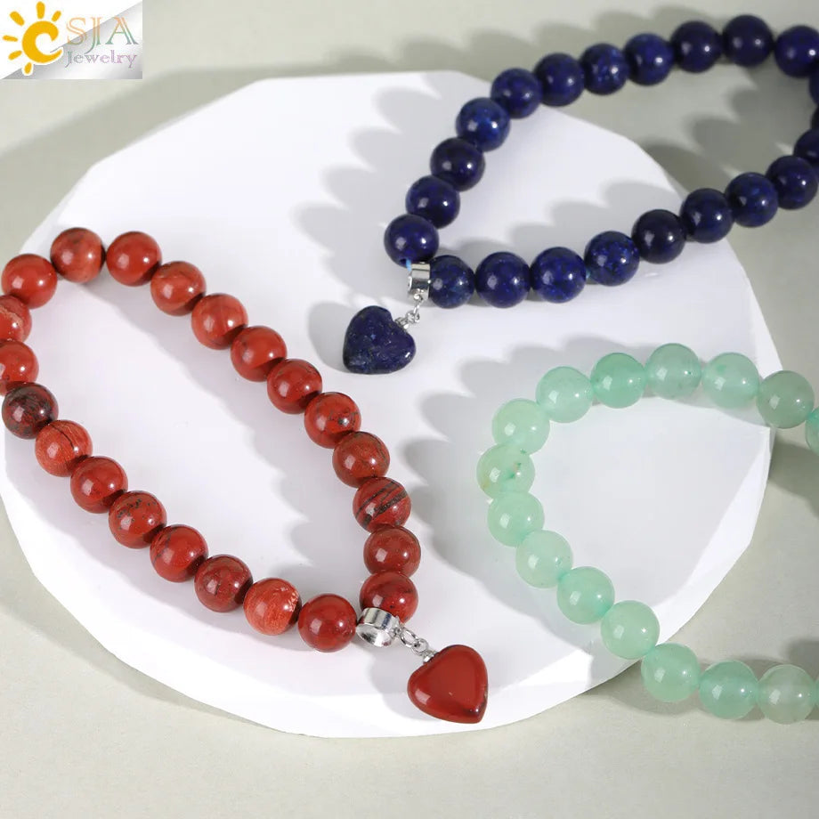 Natural Stone Beads Bracelet for Women Heart Charm Amethysts Crystal Quartzs Tiger Eye Elastic Bangles Reiki Jewelry Gift H543