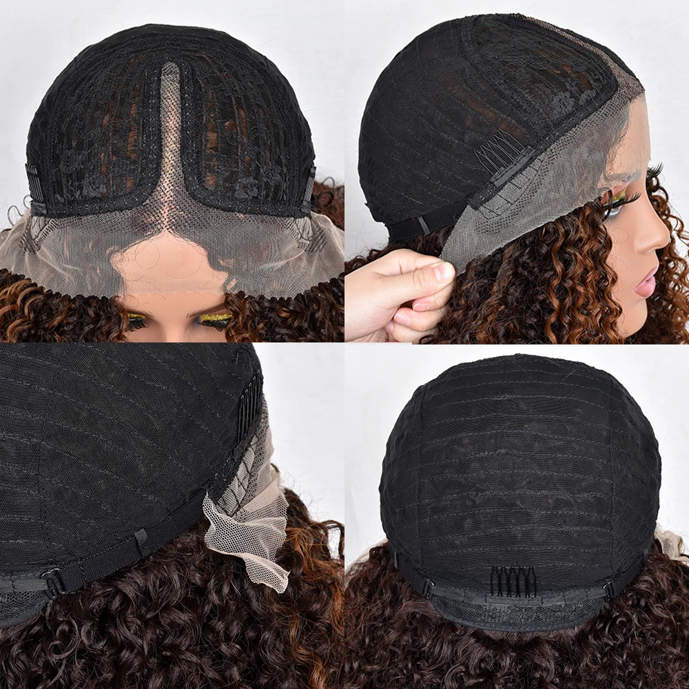 Lace Front Wigs for Women Short Bob Wig Afro Kinky Curly Wigs Ombre Brown Synthetic Middle Nature Hair Black Headgear with Clip