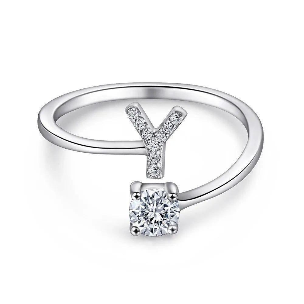 925 Sterling Silver Initial Rings for Women Girls, Adjustable Initial Rings Cubic Zirconia Stackable Alphabet Letter Rings Gift
