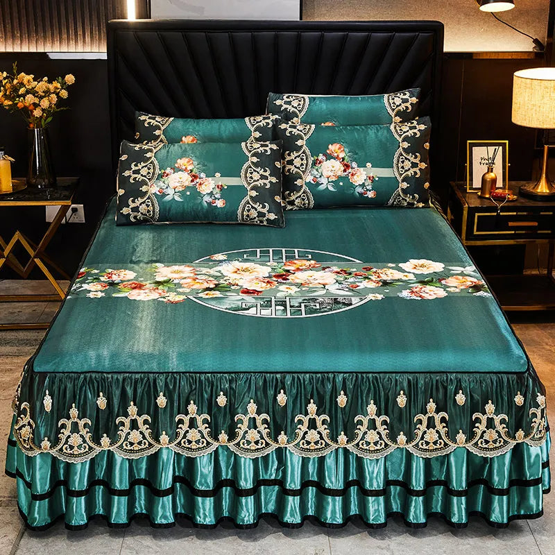 Luxury Lace Smooth Cool Summer Bedspread Thick Home Bed Skirt + Pillowcase Bed Sheets Embroidery European-style Bed Spreads