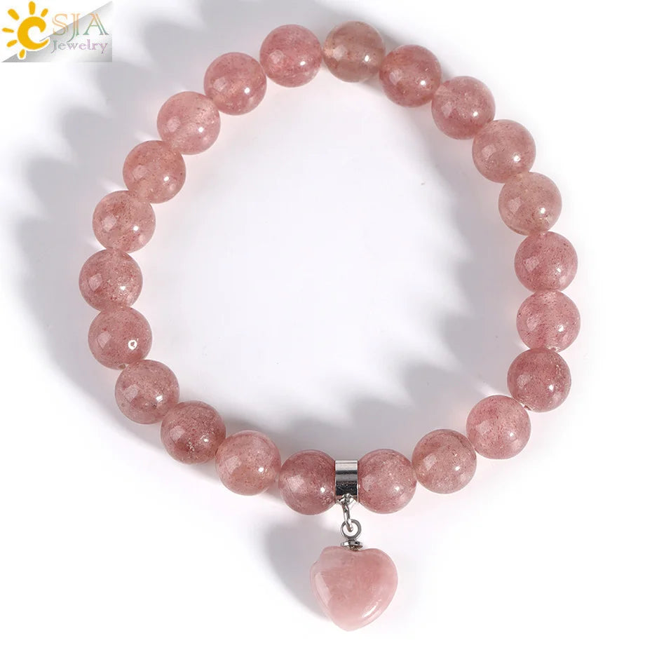 Natural Stone Beads Bracelet for Women Heart Charm Amethysts Crystal Quartzs Tiger Eye Elastic Bangles Reiki Jewelry Gift H543