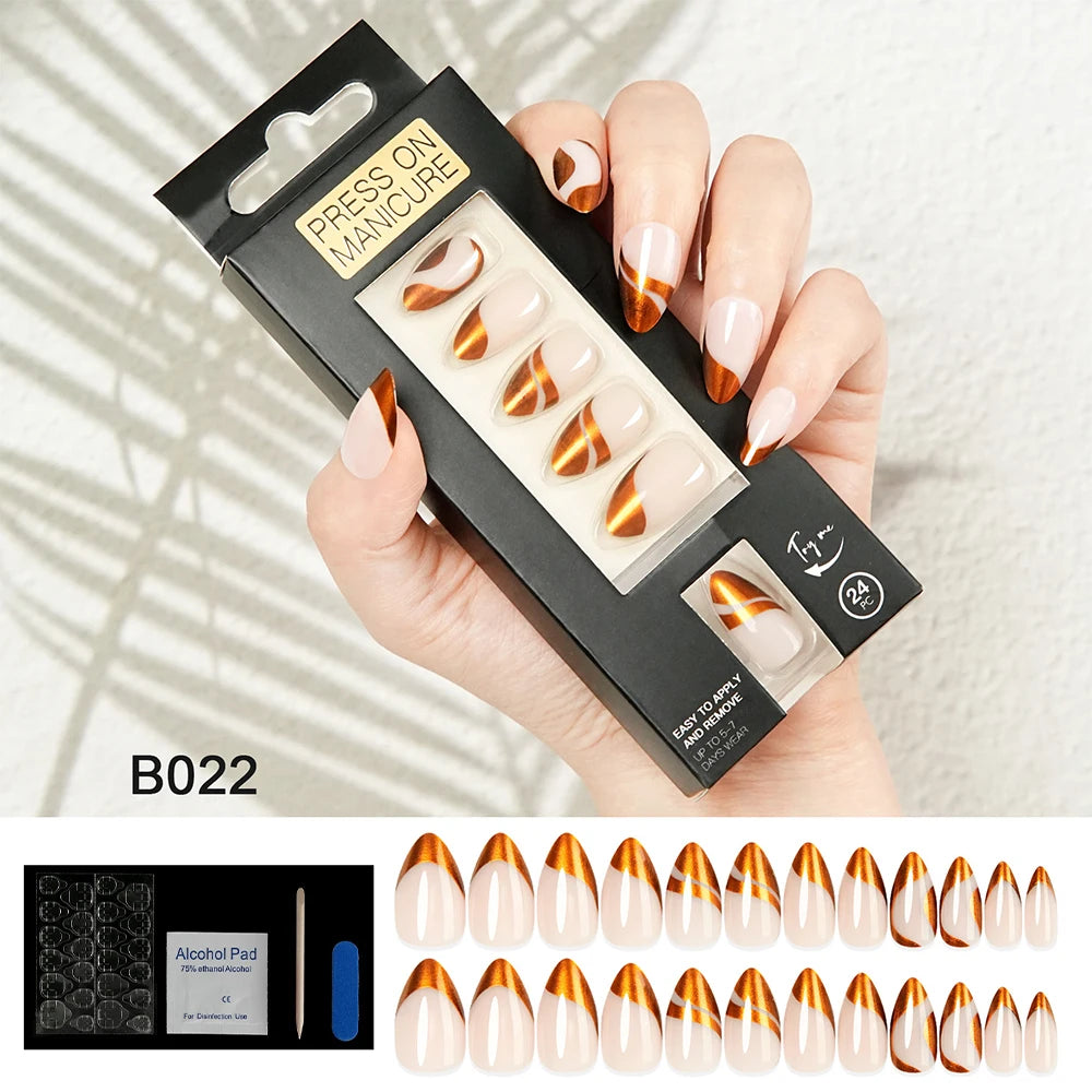 Press on Nails Almond French Design False Nails Simple Design Acrylic Nail Tips Reusable Fake Nails Decorated Nail Art