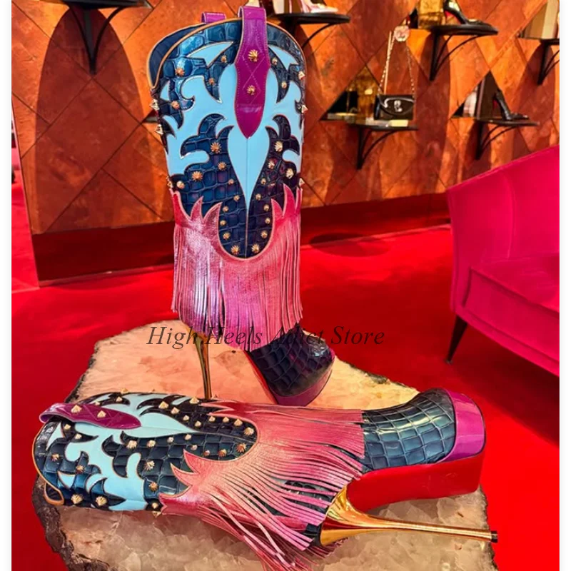 Studded Tassel Platform Leather Mid Calf Boots Women's Mixed Colors Pink/Blue Peep Toe High Heels Boots Western Luxury Shoes