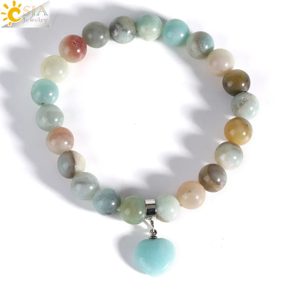 Natural Stone Beads Bracelet for Women Heart Charm Amethysts Crystal Quartzs Tiger Eye Elastic Bangles Reiki Jewelry Gift H543