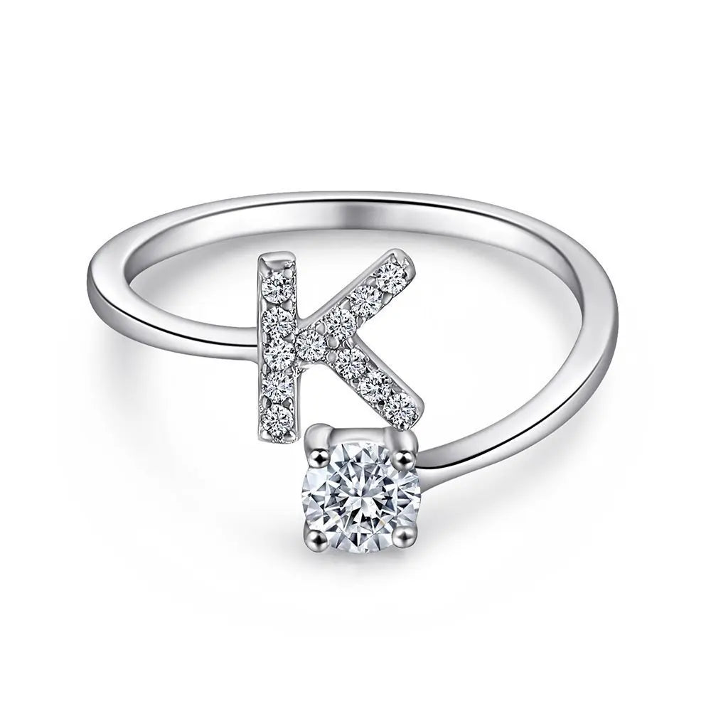 925 Sterling Silver Initial Rings for Women Girls, Adjustable Initial Rings Cubic Zirconia Stackable Alphabet Letter Rings Gift