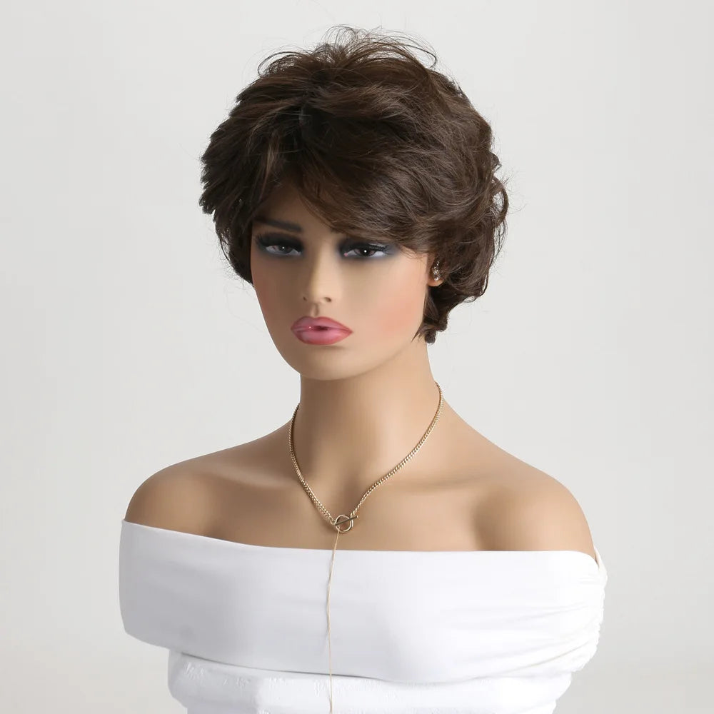 Natural Wavy Synthetic Hair Wigs For Women Pixie Cut Short Wig with Bangs Brown Blonde Wig Female Heat Resistant Wig Woman