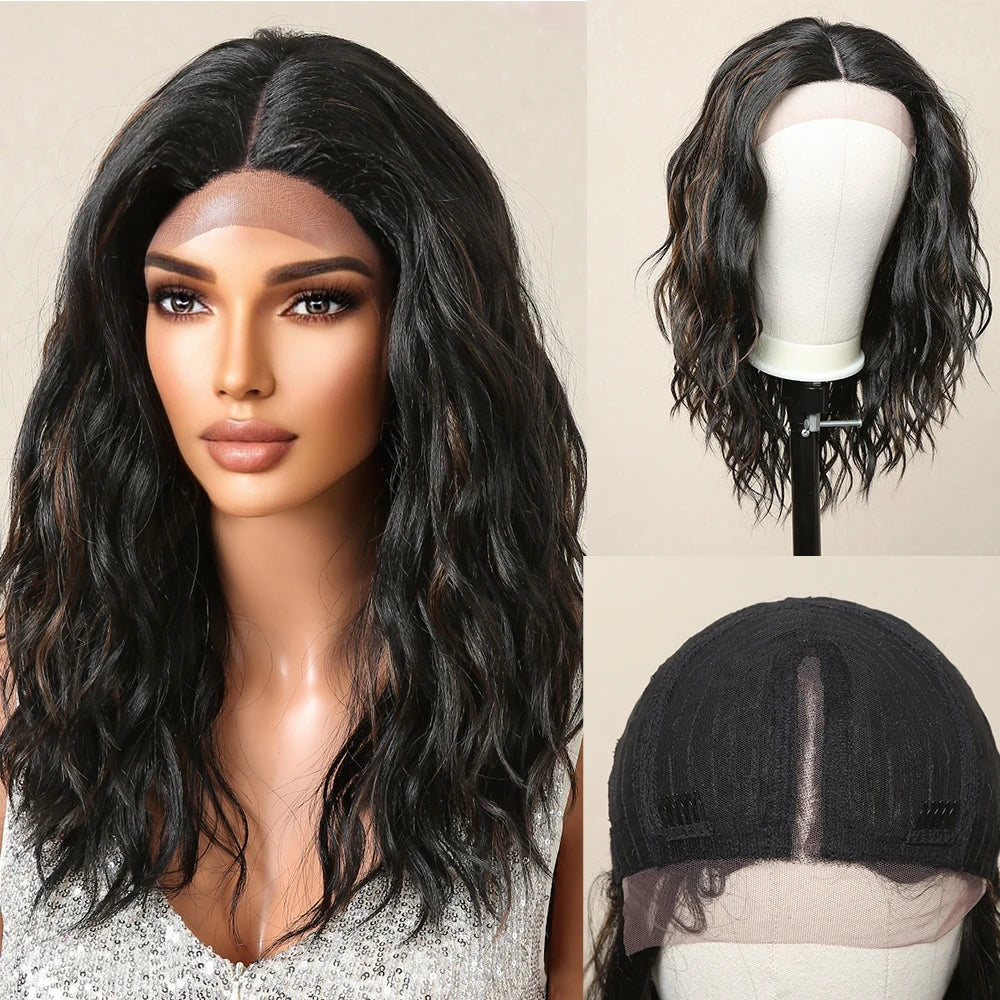 Lace Front Synthetic Wigs Preplucked Curly Wave Brown Golden Highlight Shoulder Length Lace Wig for Black Women Heat Resistant