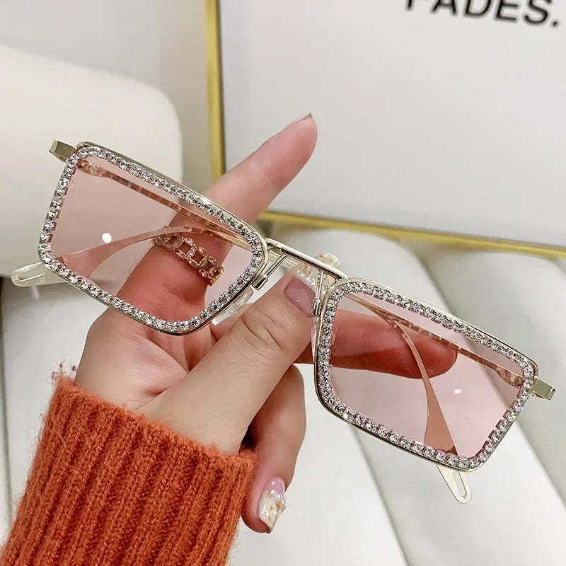 Women Glitter Crystal Thin Vintage Sunglasse Rectangle Glasse Frame Bling Rhinestone Sun Glasses for Woman Luxury Fashion UV400