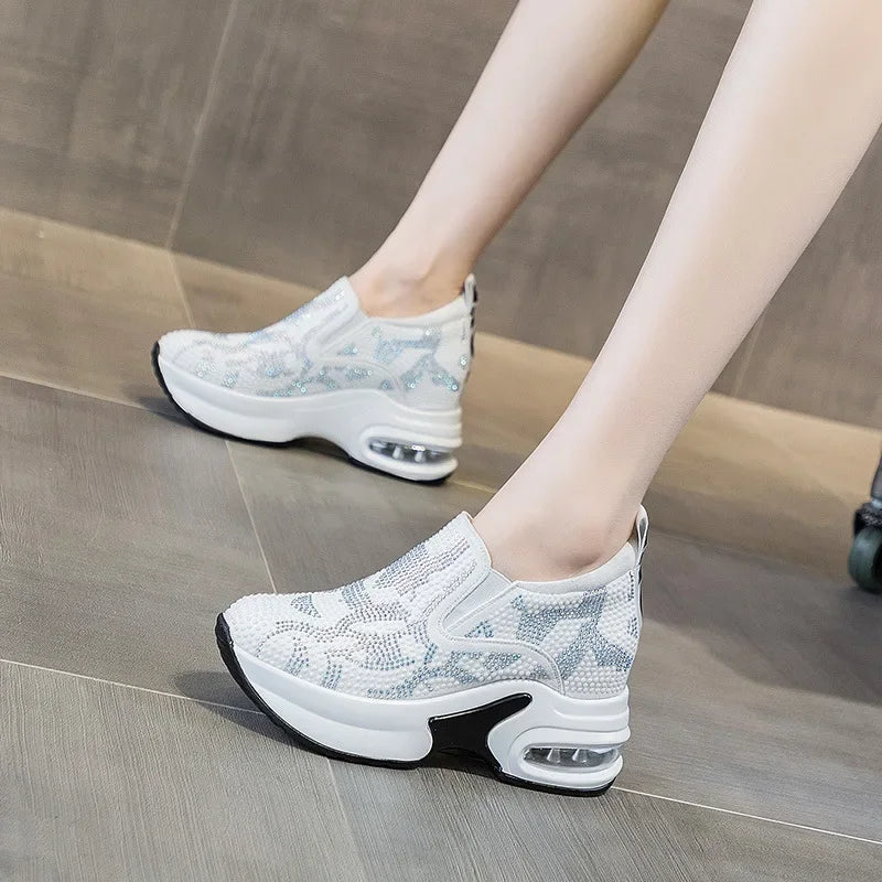 2023Women's Shoes Autumn New Casual Small White Shoes Rhinestone Platform Sports Air Cushion Shoes Plus Size Zapatos De Mujer