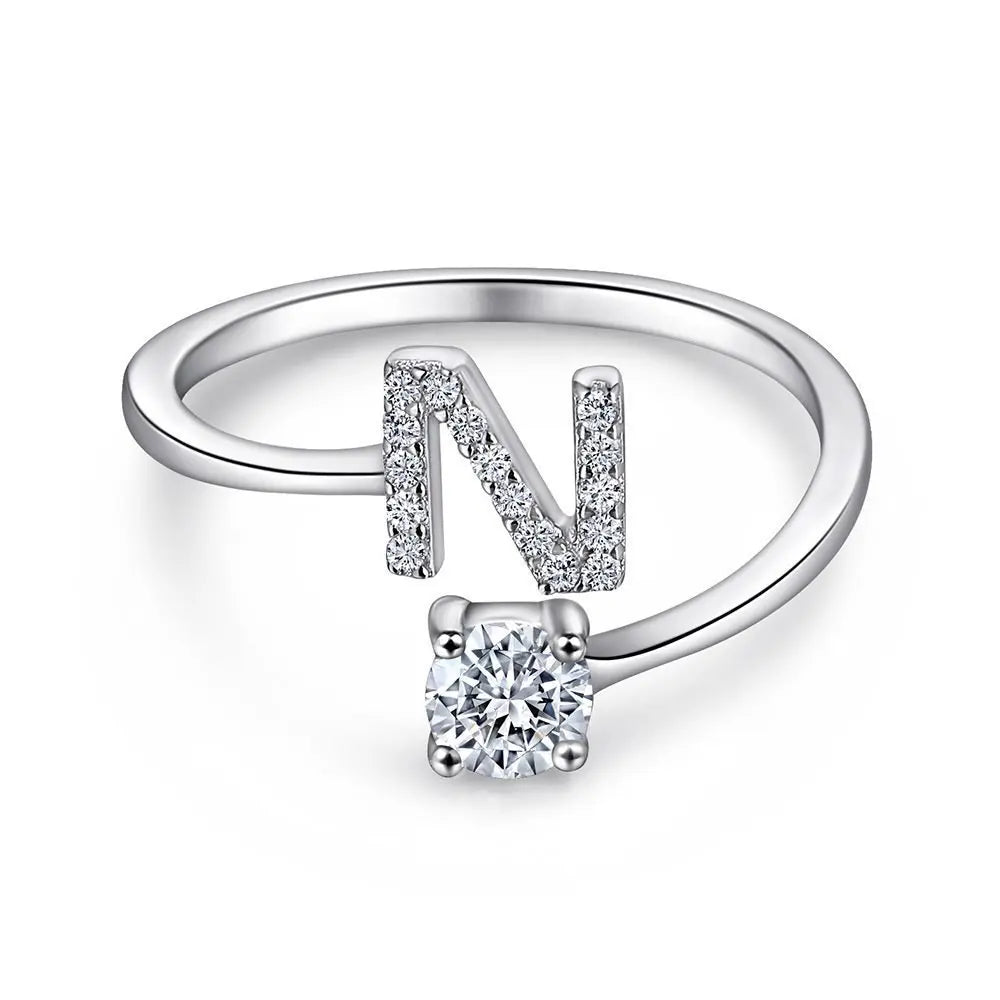 925 Sterling Silver Initial Rings for Women Girls, Adjustable Initial Rings Cubic Zirconia Stackable Alphabet Letter Rings Gift
