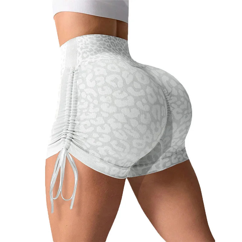 Women High Waist Yoga Shorts Side Drawstring Sexy Leopard Print Sports Shorts Gym Athletic Running Leggings Workout Shorts