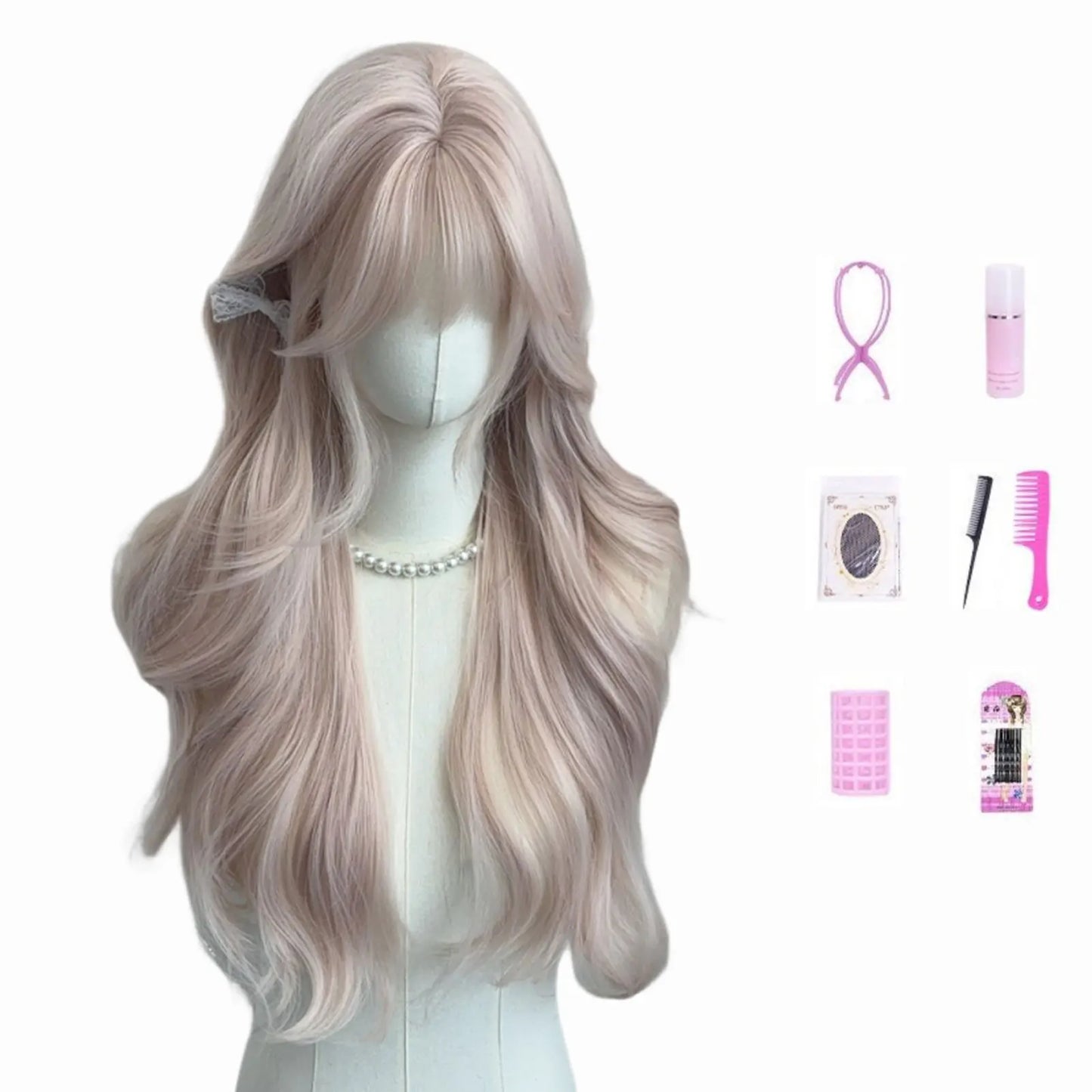 Women's Grey Pink Long Curly Synthetic Wig With Bangs Natural Long-Smooth Heat Resistant Wavy Wig For Cosplay Daily Wear